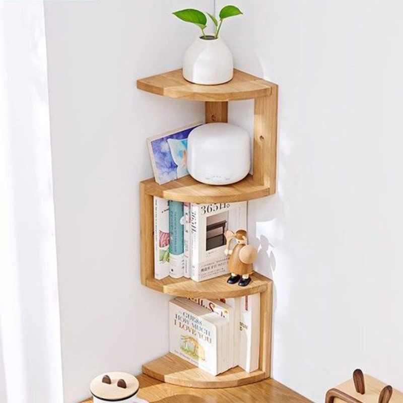 Desk Setup Oak - Natural Wood Corner Storage Shelf, Office