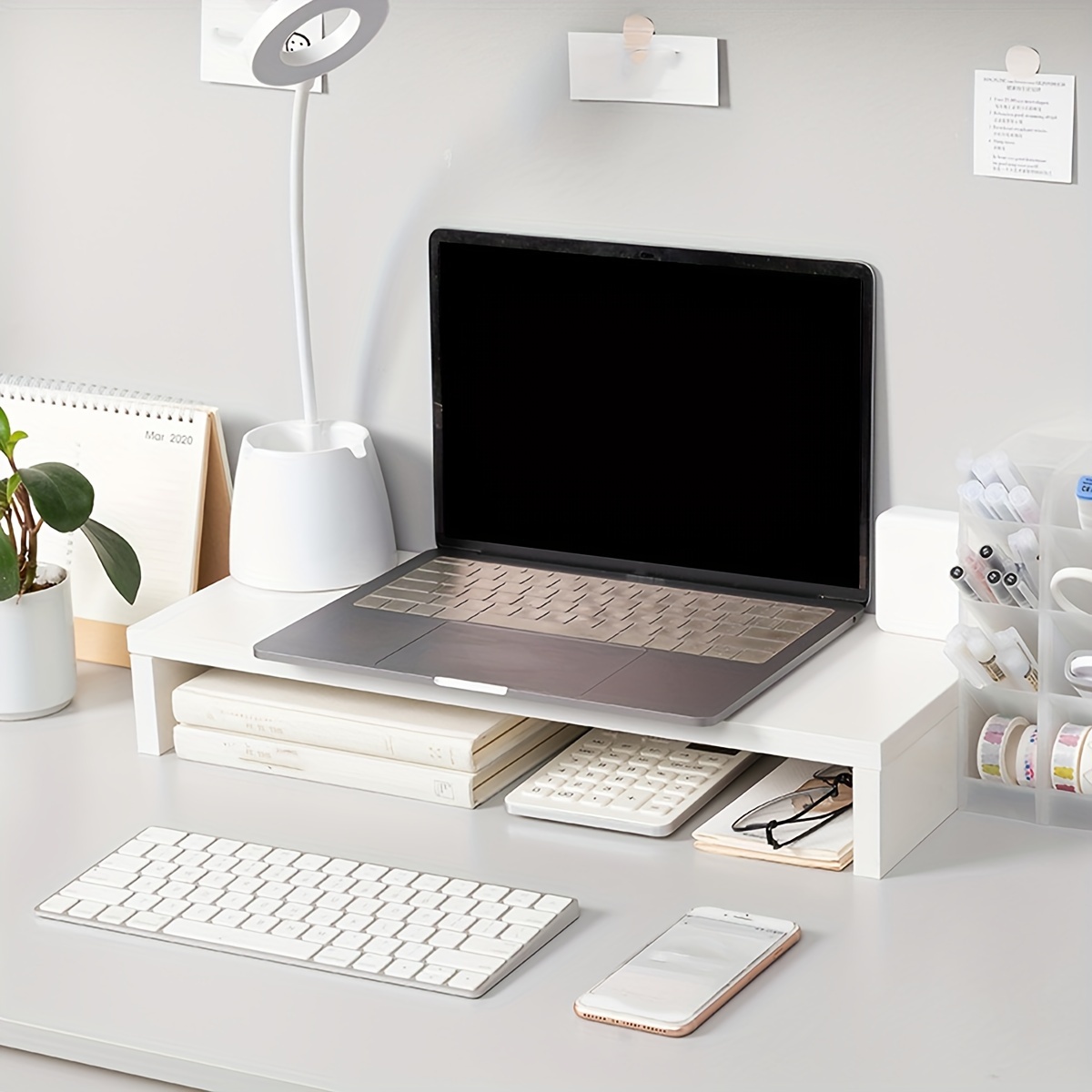 Desk Setup Riser - Minimalist White MDF Monitor Riser, Desktop